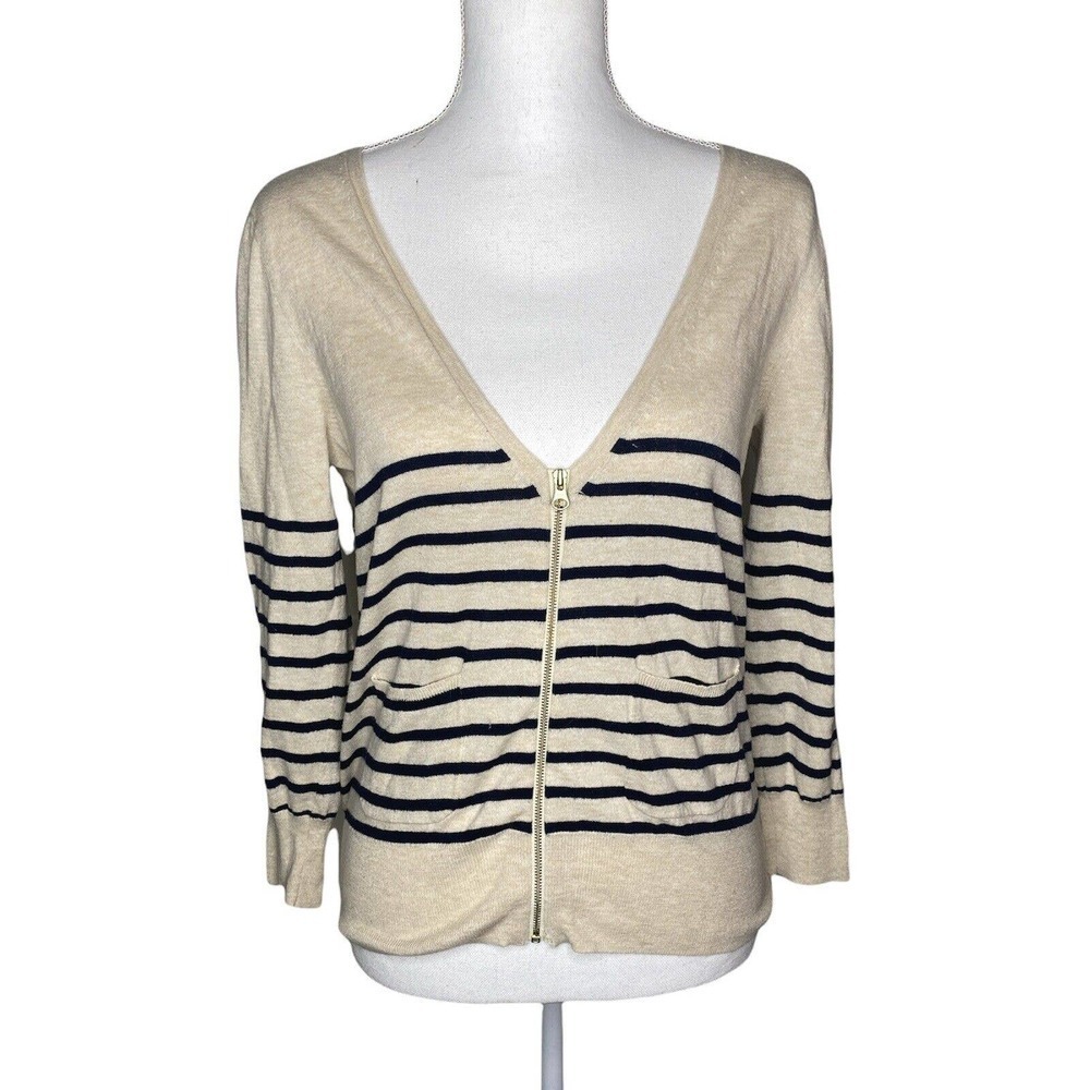J Crew Beige Striped Wool Blend Zip Up V Neck Cardigan Sweater Size S Womens